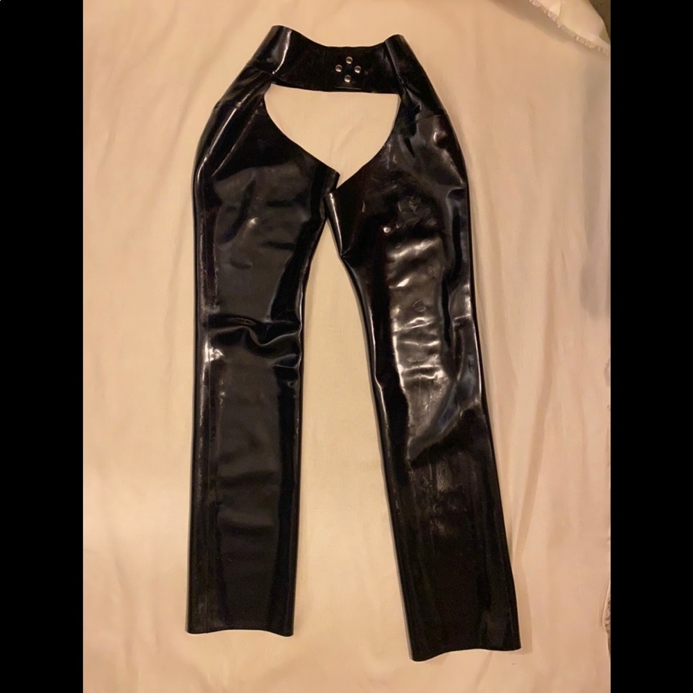 LATEX chaps high waisted slim leg black rubber